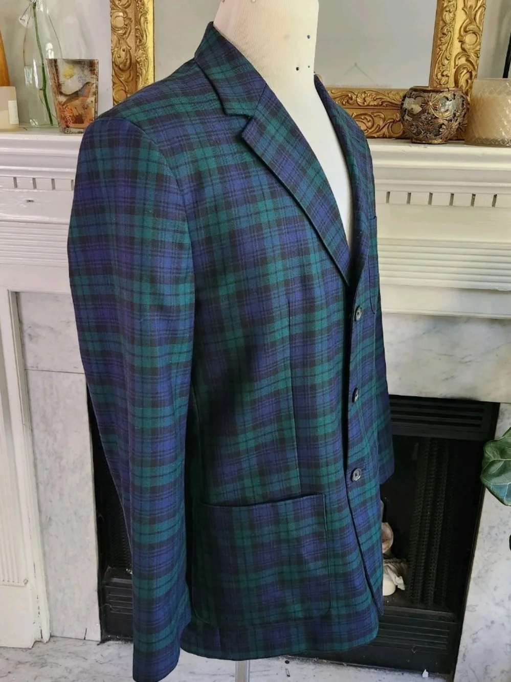 Vintage Y2K J Crew Green Plaid Blazer Blue Wool Preppy Old Money Academia Size L